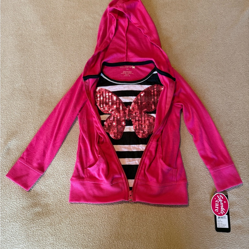One Step Up Pink Sequin Butterfly Hoodie
